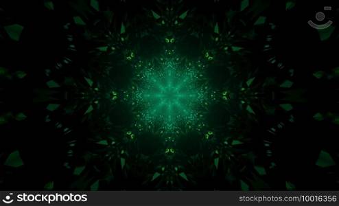 Symmetric 3D illustration of abstract background with kaleidoscopic ornament of dark green color. 3D illustration of dark green ornament
