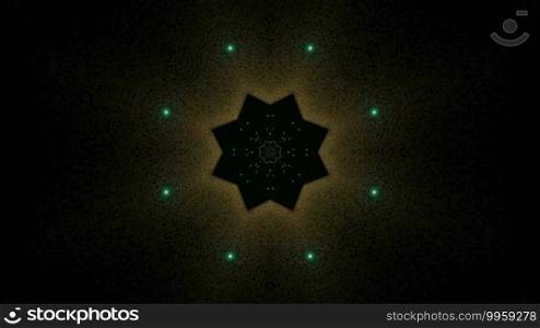 Symmetric 3D illustration of abstract black background of star shaped ornament with green dots. 3D illustration of star shaped ornament