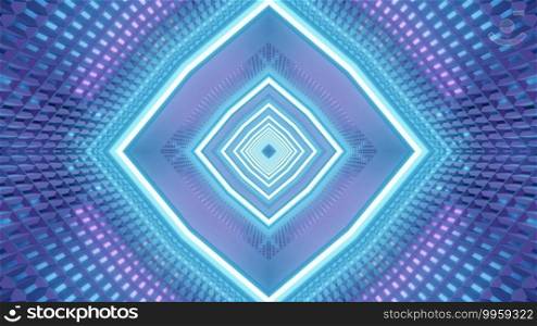 Symmetric 3D illustration of blue abstract rhombus ornament glowing with bright neon light. 3D illustration of neon rhombus ornament