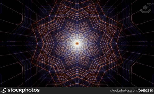 Symmetric 3D illustration of bright star shaped lines forming glowing tunnel in darkness. 3D illustration of vivid star shaped ornament