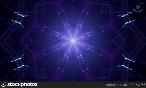 Symmetric 3D illustration of dark abstract background with kaleidoscopic ornament of violet color. 3D illustration of abstract violet ornament