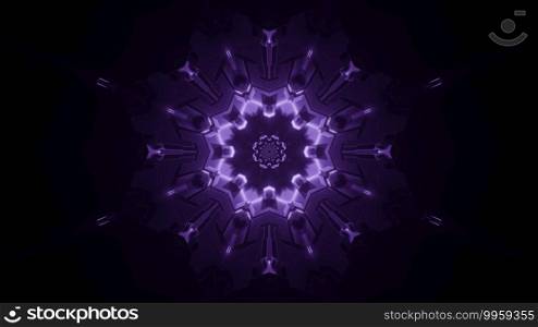Symmetric 3D illustration of flower shaped ornament glowing with violet light on black background. 3D illustration of dark flower shaped ornament
