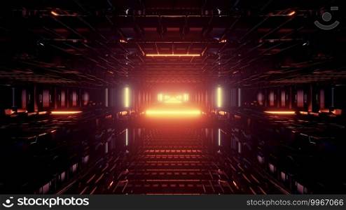 Symmetric 3D illustration of futuristic crystal tunnel with vivid orange light in end. 3D illustration of crystal tunnel with bright light