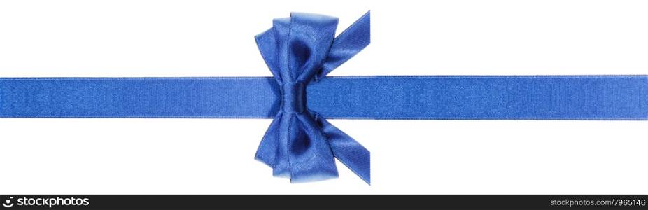 symmetric blue satin bow with horizontal cut ends on narrow ribbon isolated on white background
