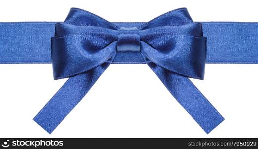 symmetric blue satin bow with square cut ends on ribbon close up isolated on white background