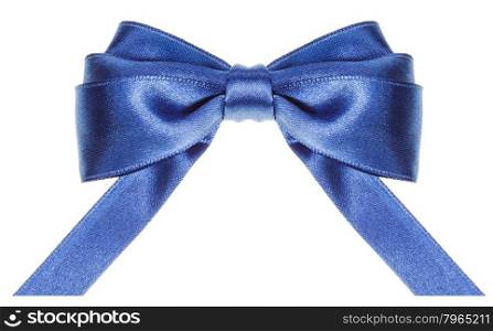 symmetric blue satin ribbon bow with horizontal cut ends isolated on white background