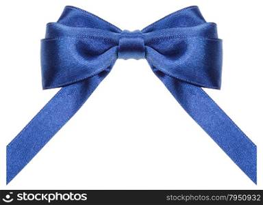 symmetric blue satin ribbon bow with vertically cut ends isolated on white background