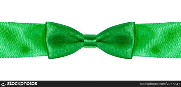 symmetric bow knot on green satin ribbon close up isolated on white background