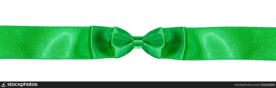 symmetric double bow knot on narrow green satin ribbon isolated on white background