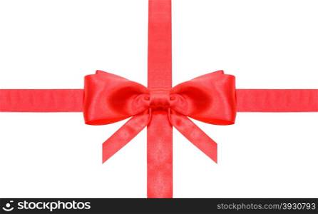symmetric red bow with vertically cut ends on intersection of two red satin ribbons isolated on white background