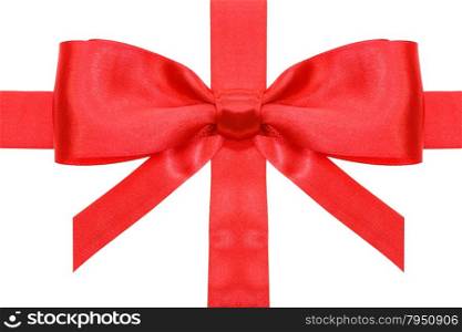 symmetric red satin bow with vertical cut ends on vertical ribbon close up isolated on white background