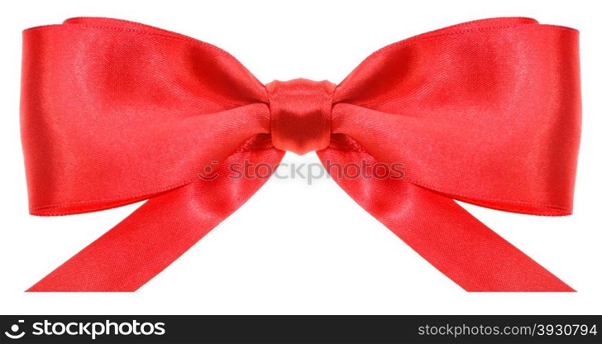 symmetric red satin ribbon bow with horizontal cut ends isolated on white background
