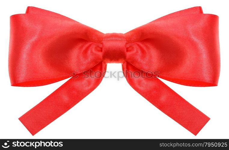 symmetric red satin ribbon bow with square cut ends isolated on white background