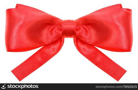symmetric red satin ribbon bow with square cut ends isolated on white background
