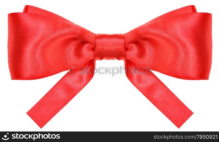 symmetric red silk ribbon bow with square cut ends isolated on white background
