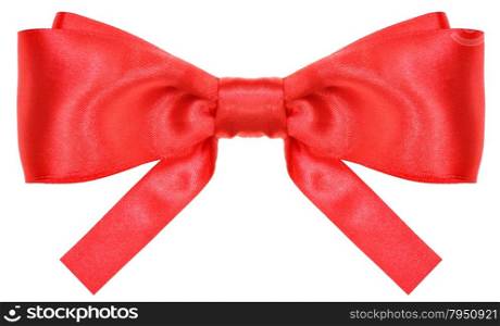 symmetric red silk ribbon bow with square cut ends isolated on white background