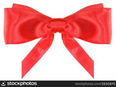 symmetric red silk ribbon bow with vertically cut ends isolated on white background