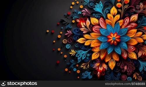 Symmetrical Abstract Floral Design in Vibrant Colors on a Black Background with 3D Effect