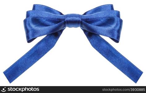 symmetrical blue satin ribbon bow with square cut ends isolated on white background
