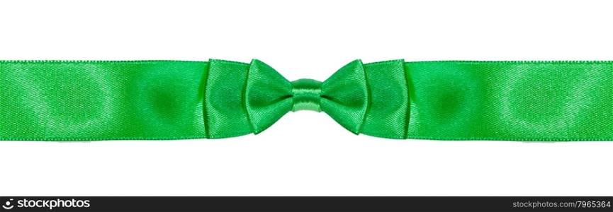 symmetrical double bow-knot on narrow green satin ribbon isolated on white background