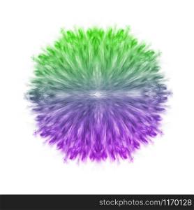 Symmetrical powder splash in the shape of flower in the tricolored gradient shades on a white background, copy space.. Smoke explosion tricolored in the shape of flower.