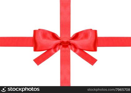 symmetrical red bow with square cut ends on intersection of two red satin ribbons isolated on white background