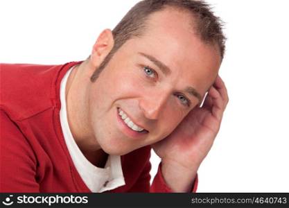 Sympathetic man smiling isolated on white background