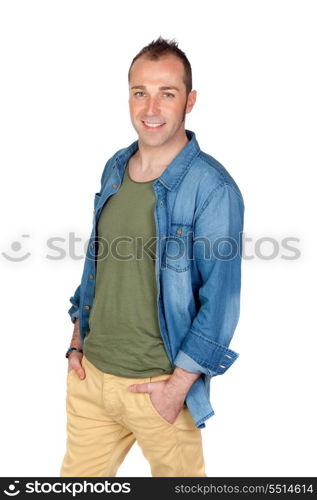 Sympathetic man smiling isolated on white background