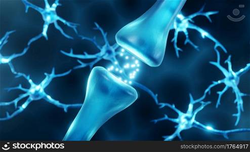 Synaps with neurons in the background, neurotransmitters in synaptic junction, information transmission in the brain