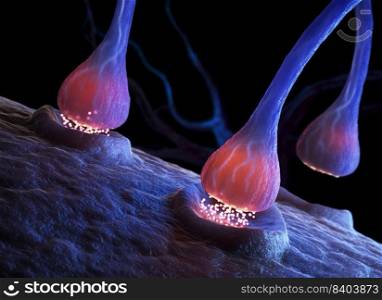 Synapse and Neuron cells sending electrical chemical signals . 3D illustration. Synaptic transmission
