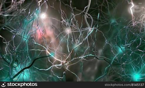 Synapse and Neurons sending electrical signals and chemical signaling to human receptor cells as a neurotransmitters for the brain and nervous system in the function . 3d illustration. Synapse and Neurons sending electrical signals and chemical signaling
