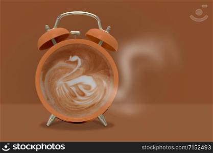 Synectics-Hot coffee with swan shape frothy foam in green alarmclock on red background Creative modern still life photography concept for christmas.