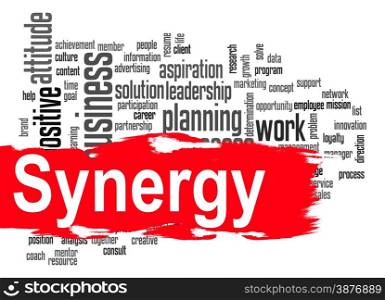 Synergy word cloud image with hi-res rendered artwork that could be used for any graphic design.. Synergy word cloud with red banner