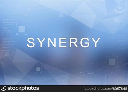 Synergy word on blue blurred and polygon background