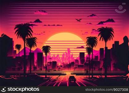 Synth wave retro city landscape background at sunset. Generative AI. High quality illustration. Synth wave retro city landscape background at sunset. Generative AI