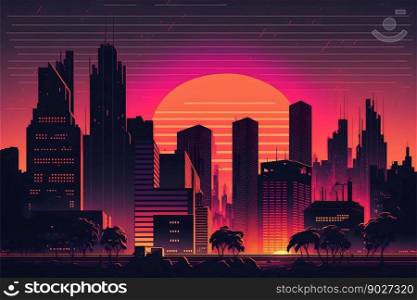 Synth wave retro city landscape background at sunset. Generative AI. High quality illustration. Synth wave retro city landscape background at sunset. Generative AI