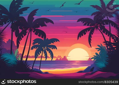 Synthwave neon landscape with palm trees and sunset. Retro style background. Neural network AI generated art. Synthwave neon landscape with palm trees and sunset. Retro style background. Neural network AI generated