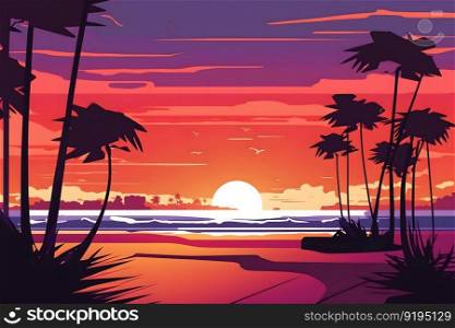 Synthwave neon landscape with palm trees and sunset. Retro style background. Neural network AI generated art. Synthwave neon landscape with palm trees and sunset. Retro style background. Neural network AI generated