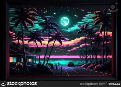 Synthwave neon landscape with palm trees and sunset. Retro style background. Neural network AI generated art. Synthwave neon landscape with palm trees and sunset. Retro style background. Neural network AI generated