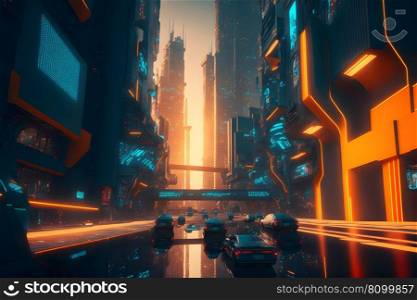 Synthwave retro cityscape with modern futuristic buildings and neon lights. Neural network AI generated art. Synthwave retro cityscape with modern futuristic buildings and neon lights. Neural network generated art