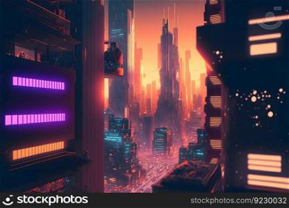 Synthwave retro cityscape with modern futuristic buildings and neon lights. Neural network AI generated art. Synthwave retro cityscape with modern futuristic buildings and neon lights. Neural network generated art