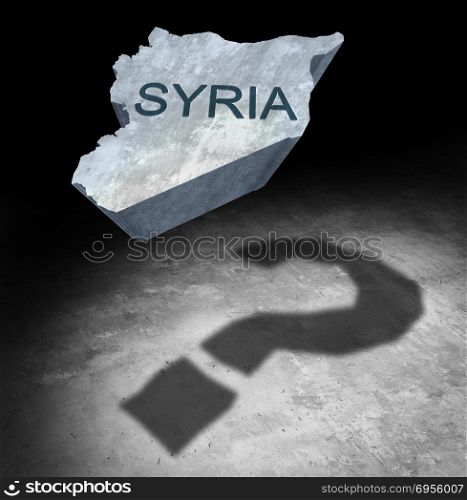 Syria conflict questions about the middle east security crisis as a country icon casting a shadow of a question mark as a 3D illustration.. Syria Conflict Question