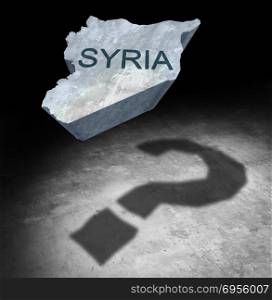 Syria conflict questions about the middle east security crisis as a country icon casting a shadow of a question mark as a 3D illustration.. Syria Conflict Question