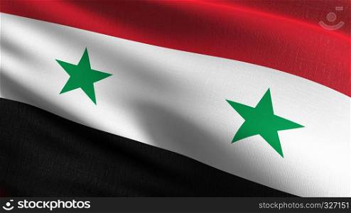 Syria national flag blowing in the wind isolated. Official patriotic abstract design. 3D rendering illustration of waving sign symbol.