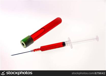 Syringe and test tube with blood isolated on white background. Syringe and tube with blood on white background