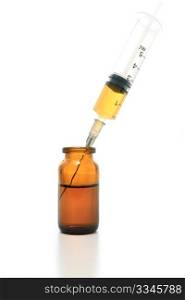 Syringe, glass bottle with drugs isolated on white