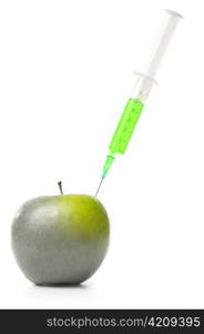 syringe in green apple isolated on white