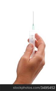 syringe in hand isolated on white