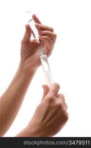 syringe in his hand isolated on a white background