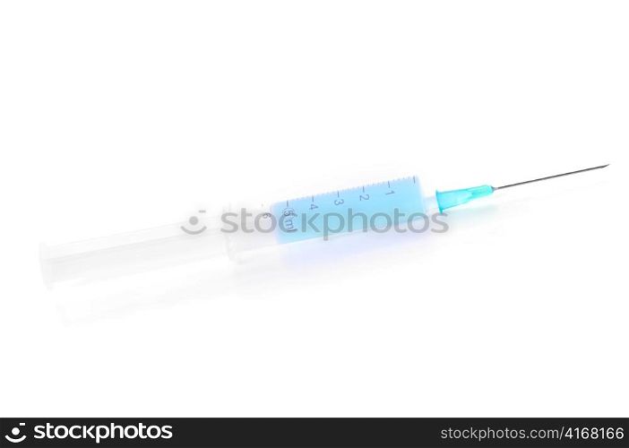 syringe with blue liquid isolated on white
